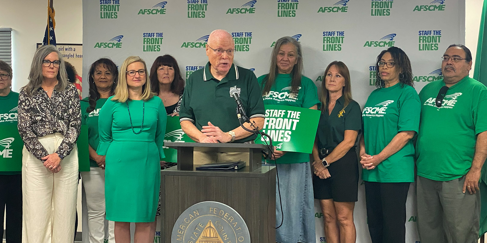 At Phoenix ‘Staff the Front Lines’ stop, governor, mayor join AFSCME president, workers 